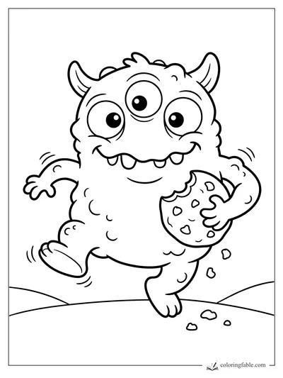 Cute three-eyed monster with horns hopping while holding a bitten cookie and dropping crumbs.