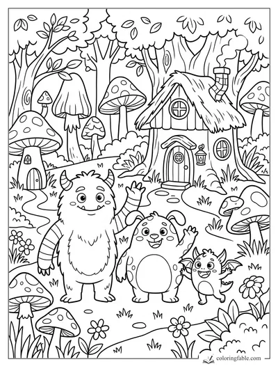 Cute monster trio waving in a forest with giant mushrooms, flowers, and a tiny cottage