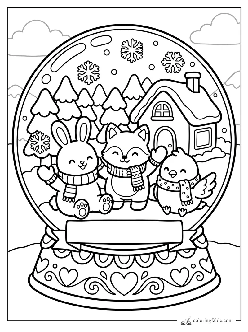 Cozy snow globe coloring page with bunny, fox, bird, cottage, pine trees, snowflakes, and heart base