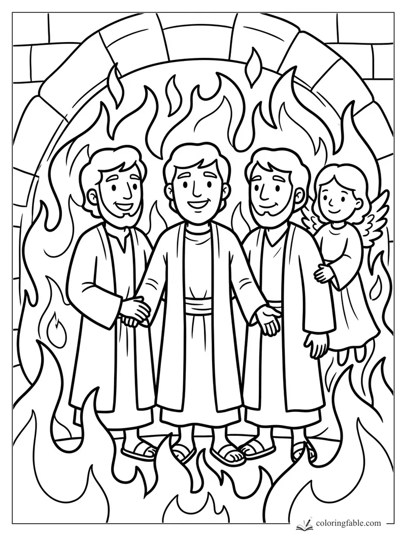Cartoon Bible coloring page of three smiling men and an angel standing inside a fiery furnace.