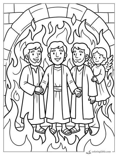 Cartoon Bible coloring page of three smiling men and an angel standing inside a fiery furnace.