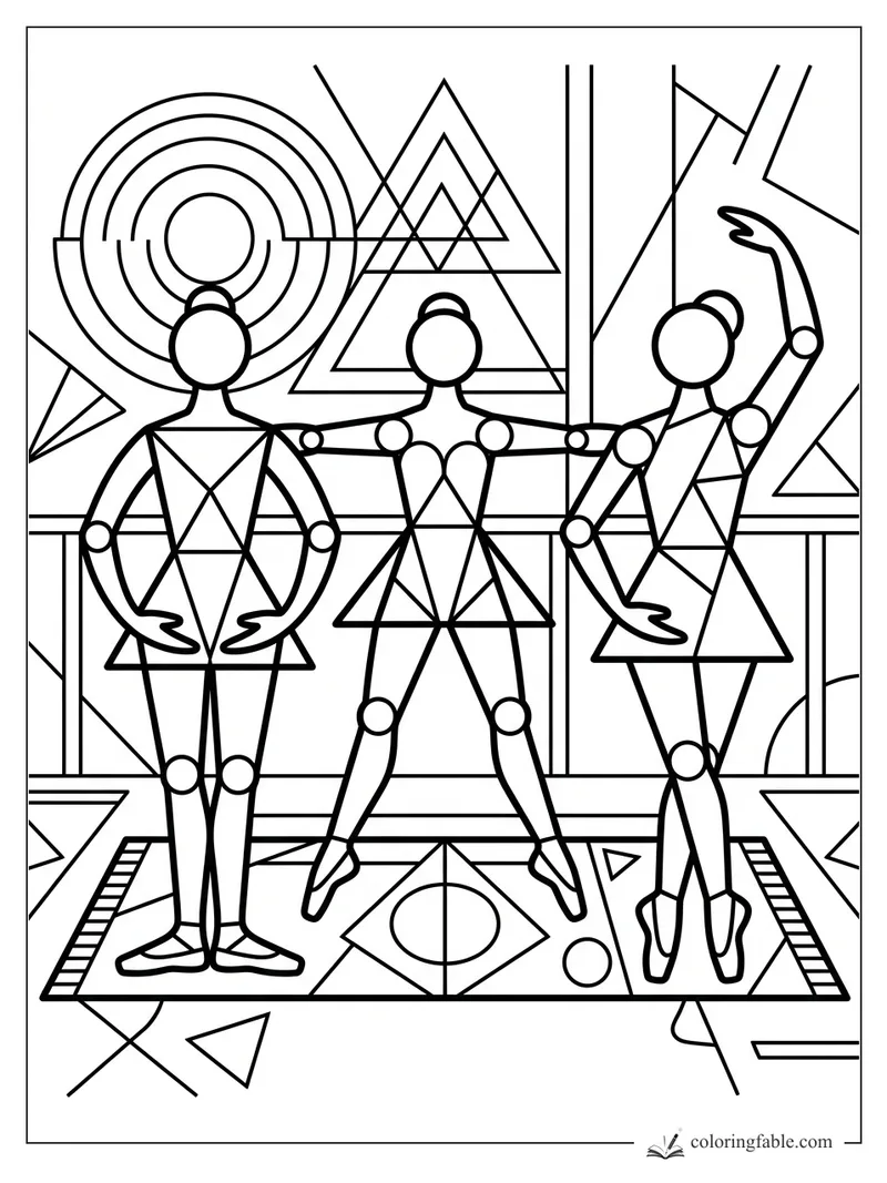 Three geometric ballerinas posing on a patterned rug with circles, triangles, and abstract wall art