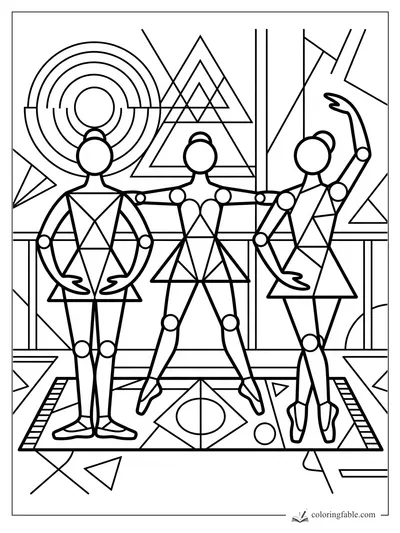 Three geometric ballerinas posing on a patterned rug with circles, triangles, and abstract wall art