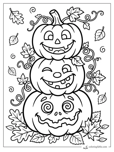 Three smiling Halloween pumpkins stacked with curling vines and falling autumn leaves