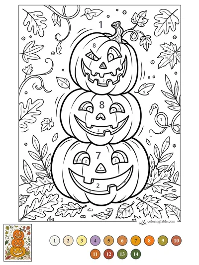 Three Grinning Jack-o’-Lanterns in a Leafy Stack — color by number