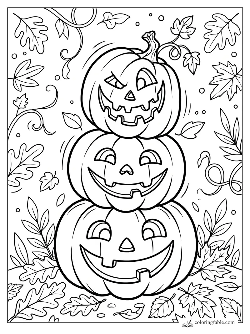 Three stacked jack-o’-lantern pumpkins with silly grins, curling vines, dots, and falling autumn leaves.