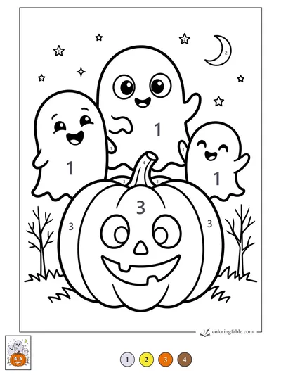 Three Happy Ghosts Behind a Jack-o’-Lantern — color by number