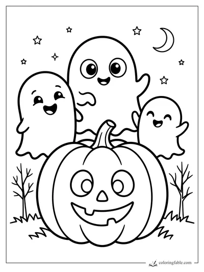 Three smiling ghosts float behind a big jack-o’-lantern with stars, crescent moon, bare trees, and grass.