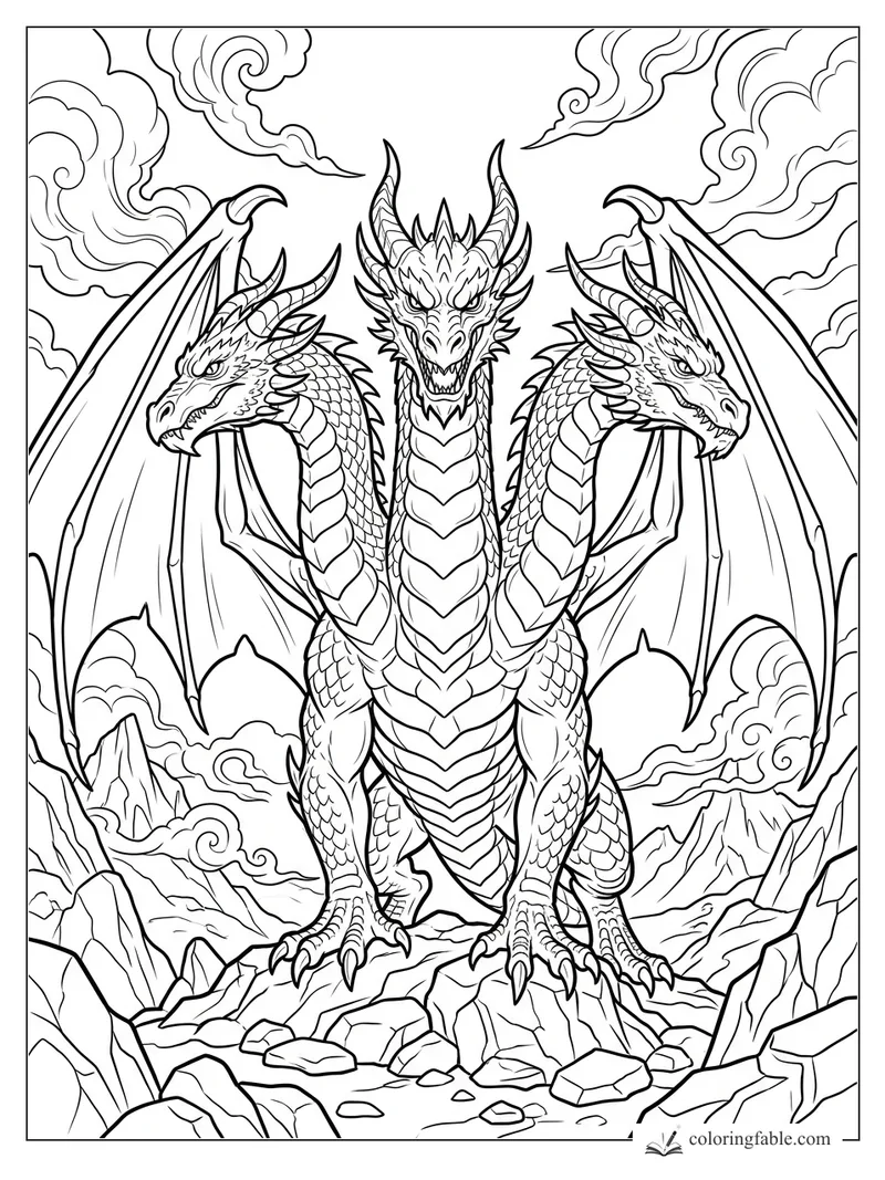 Three-headed dragon with spread wings standing on a rocky mountain peak among swirling clouds.