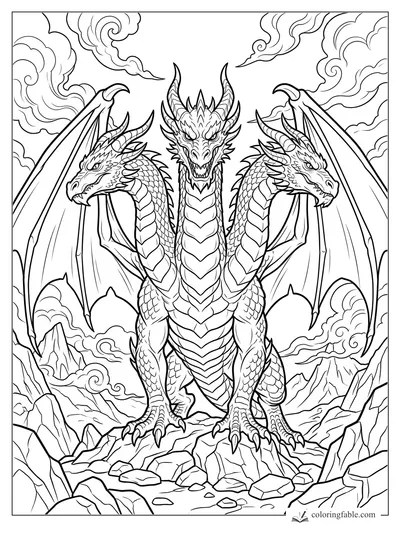 Three-headed dragon with spread wings standing on a rocky mountain peak among swirling clouds.