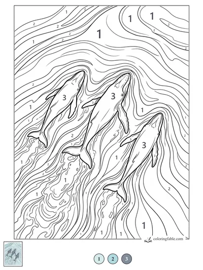 Three Humpback Whales in Flowing Currents — color by number