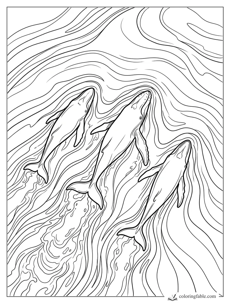 Realistic coloring page of three humpback whales swimming upward through swirling ocean current lines.