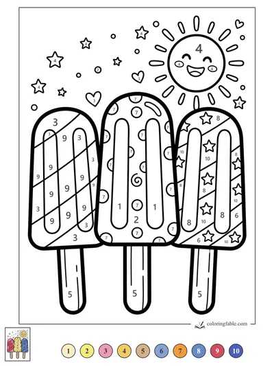 Three July Popsicles Under a Smiling Sun — color by number