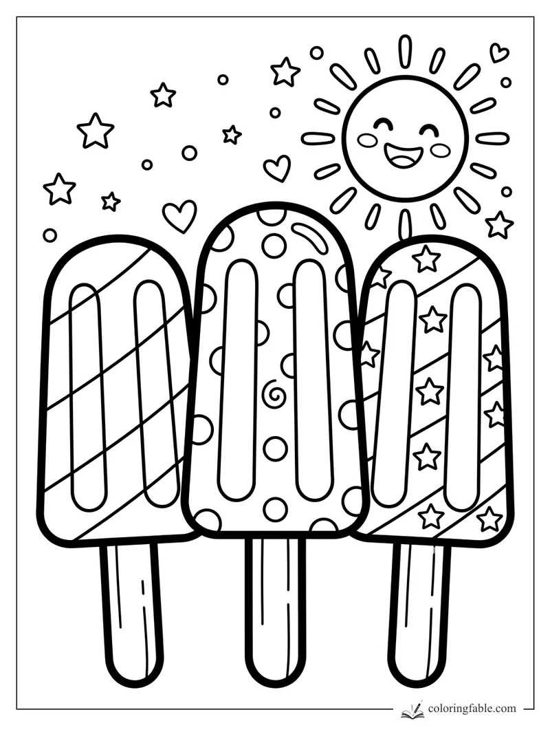 Easy July coloring page with three patterned popsicles, smiling sun, stars, and hearts