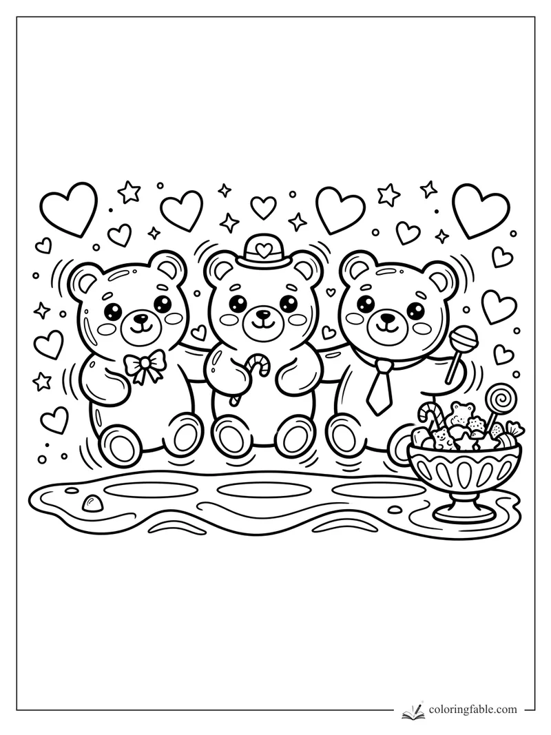 Three kawaii candy bears with hearts, stars, a candy bowl, and a wavy stage