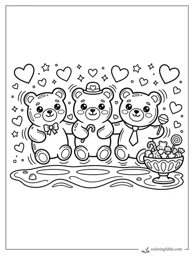 Three kawaii candy bears with hearts, stars, a candy bowl, and a wavy stage