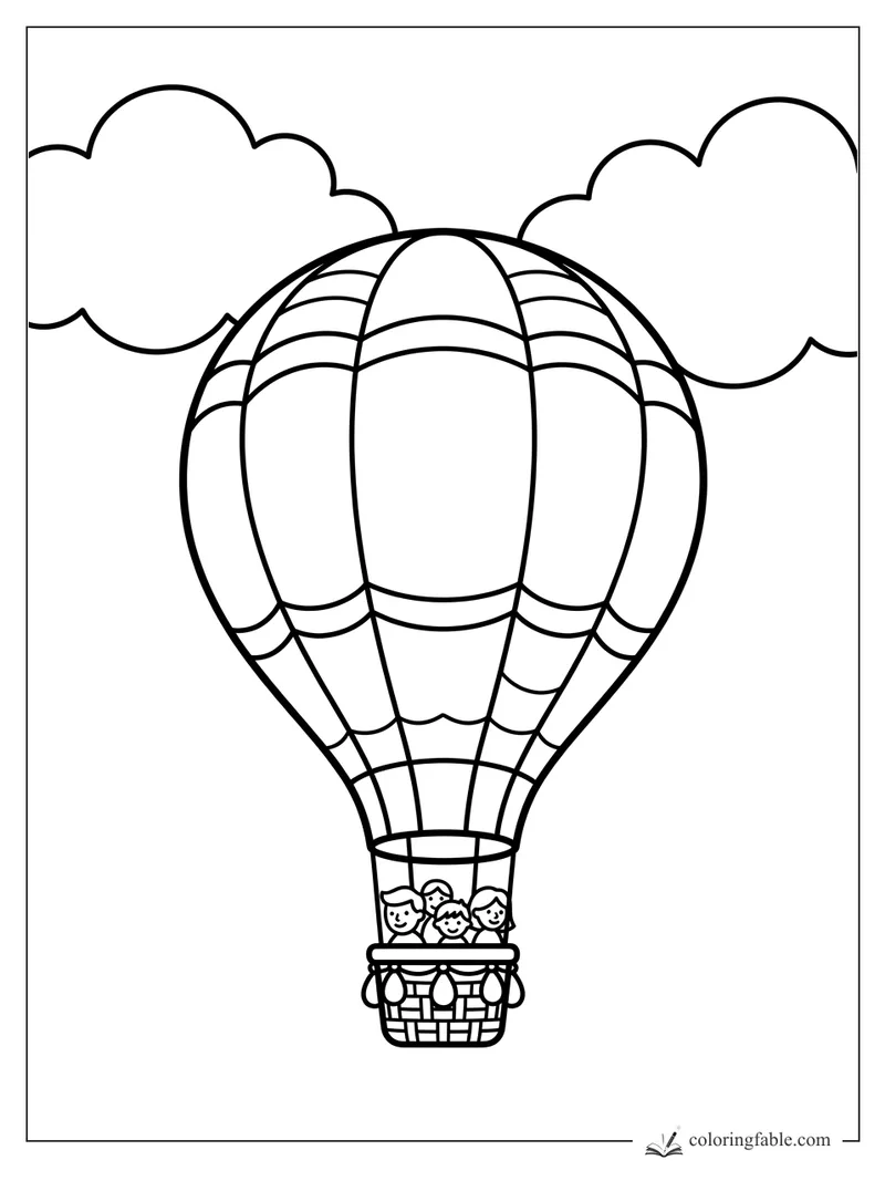 Easy hot air balloon coloring page with three smiling kids in a basket and two big clouds