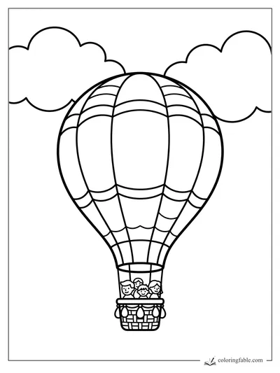 Easy hot air balloon coloring page with three smiling kids in a basket and two big clouds