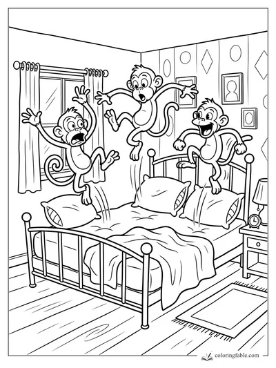 Three cartoon monkeys jumping on a metal bed in a retro bedroom with curtains, framed art, and an alarm clock.
