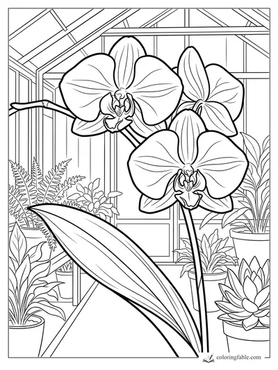 Realistic orchids with broad petals and potted ferns inside a glass-roof greenhouse coloring page