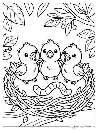 Three cute baby birds singing in a twig nest with a striped worm, leaves, berries, and branches above.