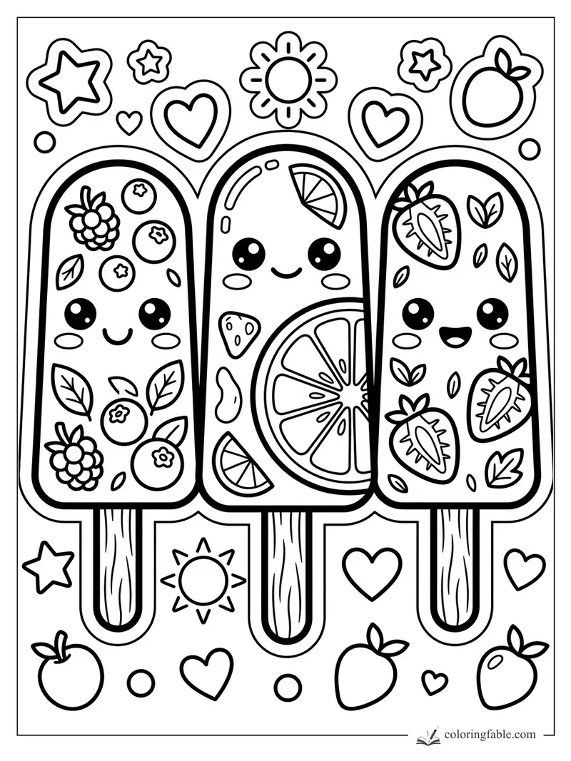 Three cute fruit popsicles with berries, citrus slices, strawberries, hearts, stars, and sun stickers.