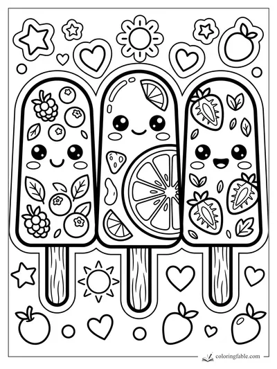 Three cute fruit popsicles with berries, citrus slices, strawberries, hearts, stars, and sun stickers.