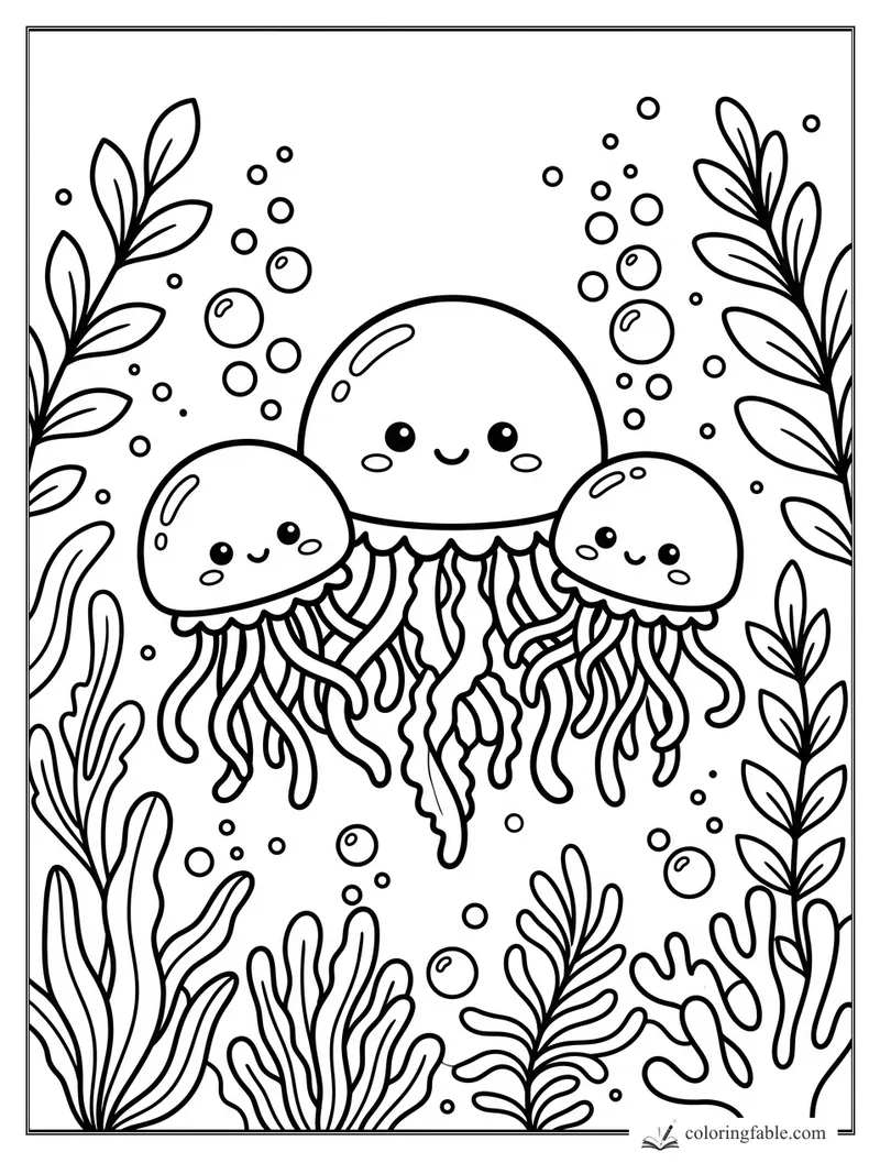 Kawaii coloring page of three smiling jellyfish floating among bubbles, seaweed, and coral.