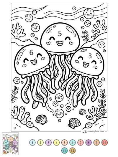 Three Smiling Jellyfish in a Bubbly Reef — color by number