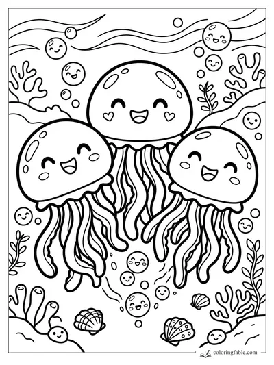 Kawaii coloring page of three smiling jellyfish with bubbles, shells, seaweed, and coral in a reef.