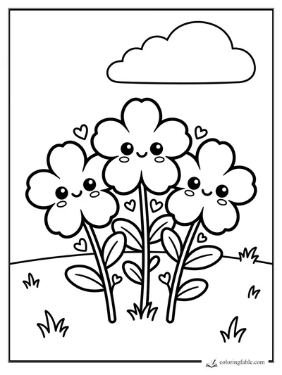 Three smiling kawaii flowers with heart doodles, leaves, grass tufts, and a puffy cloud above