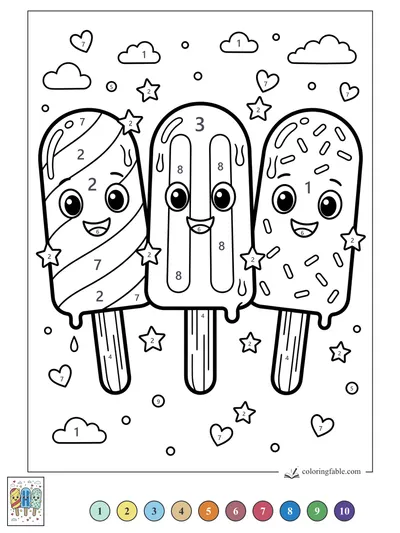 Three Smiling Popsicles with Stars and Hearts — color by number