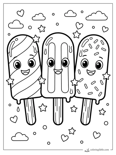 Three cute popsicles with smiling faces, sticks, stars, hearts, clouds, and sprinkle details.