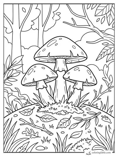 Three spotted mushrooms on a small forest hill with leaves, grass, branches, and tree trunks.
