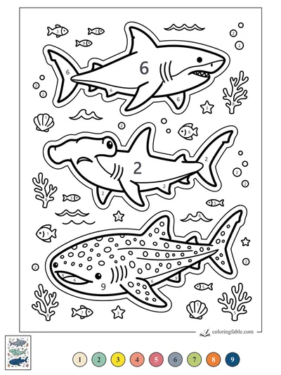 Three Sticker Sharks with Coral, Bubbles, and Stars — color by number