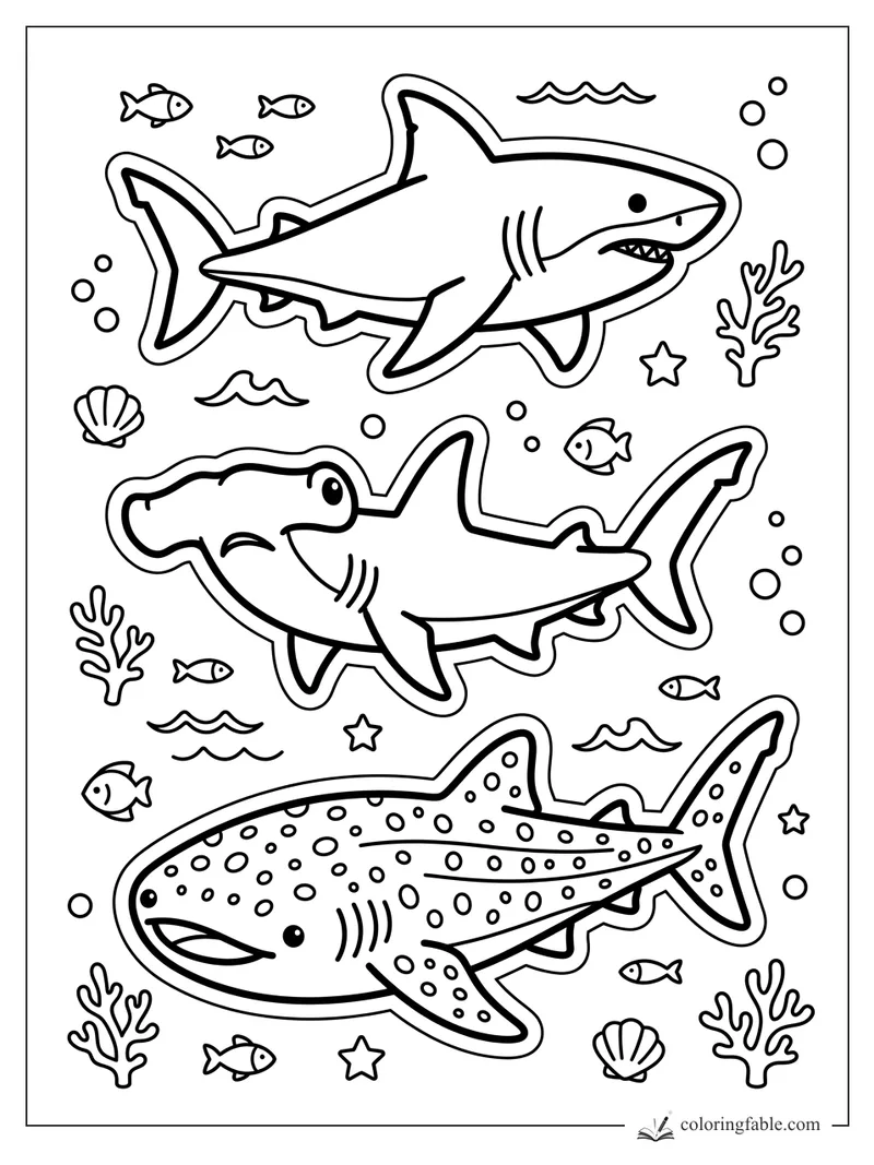 Sticker-style great white, hammerhead, and whale shark with fish, coral, bubbles, shells, and stars.