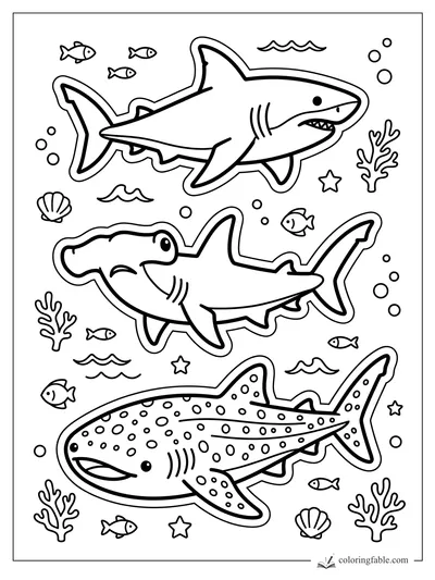 Sticker-style great white, hammerhead, and whale shark with fish, coral, bubbles, shells, and stars.