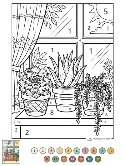 Three Succulents on a Sunny Window Ledge — color by number