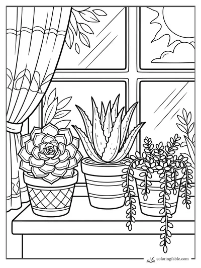 Three potted succulents on a window ledge with curtains, leafy vines, clouds, and a bright sun.