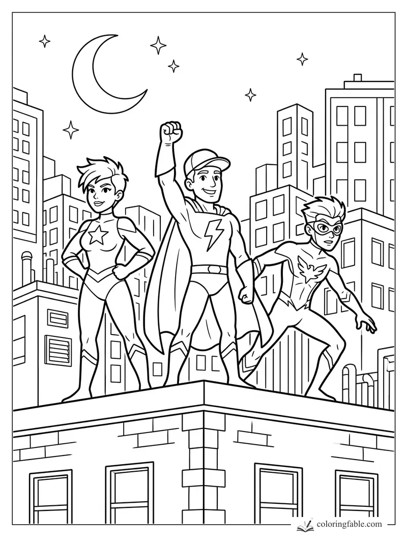Three cartoon superheroes pose on a city rooftop under a crescent moon and stars.