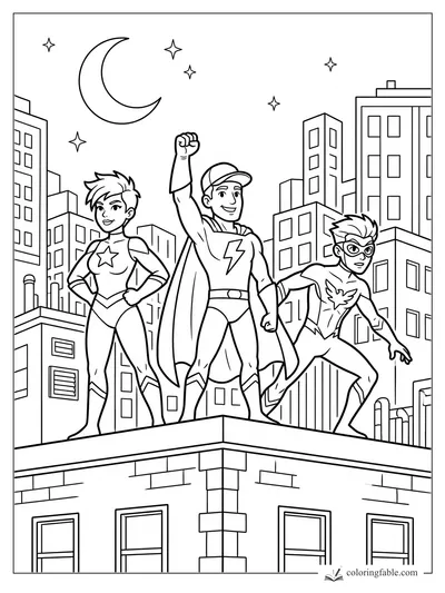 Three cartoon superheroes pose on a city rooftop under a crescent moon and stars.