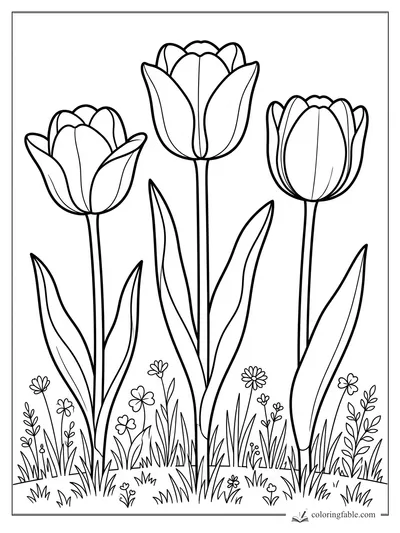 Three tall tulips with long leaves, grass, and tiny wildflowers in an easy flower coloring page.