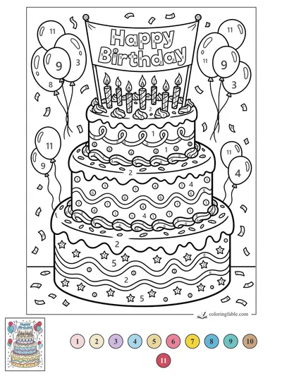 Three-Tier Birthday Cake with Banner and Balloons — color by number