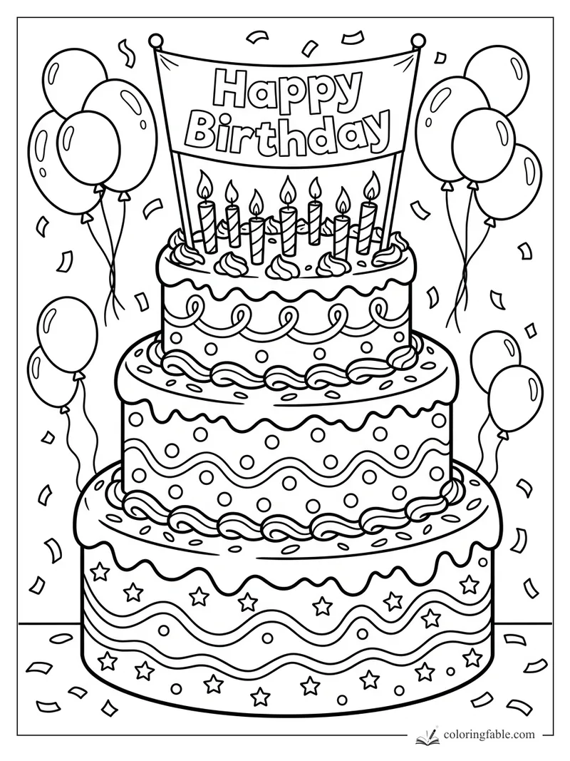 Three-tier birthday cake with candles, Happy Birthday banner, balloons, stars, swirls, and confetti.