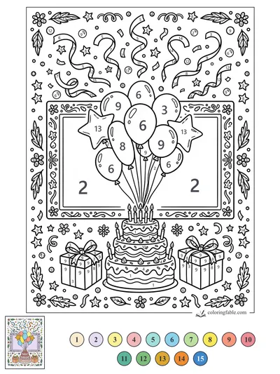 Three-Tier Cake with Balloons and Star Charms — color by number