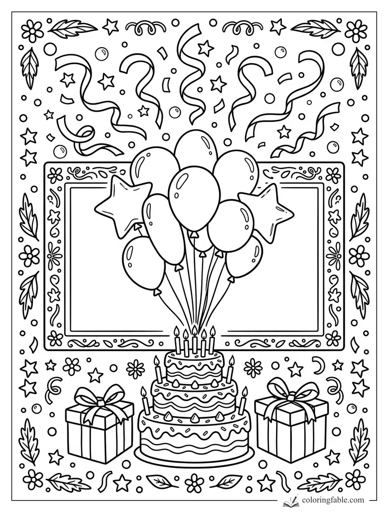 Birthday cake with candles, balloons, star charms, gift boxes, streamers, and a floral frame