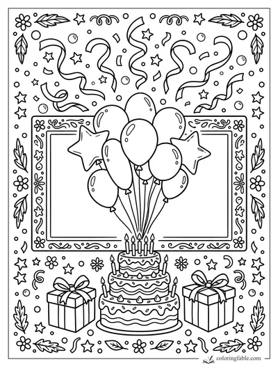 Birthday cake with candles, balloons, star charms, gift boxes, streamers, and a floral frame
