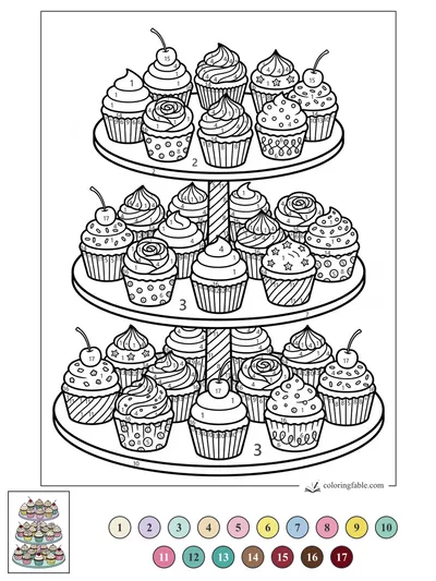 Three-Tier Cupcake Stand with Cherries and Swirled Frosting — color by number