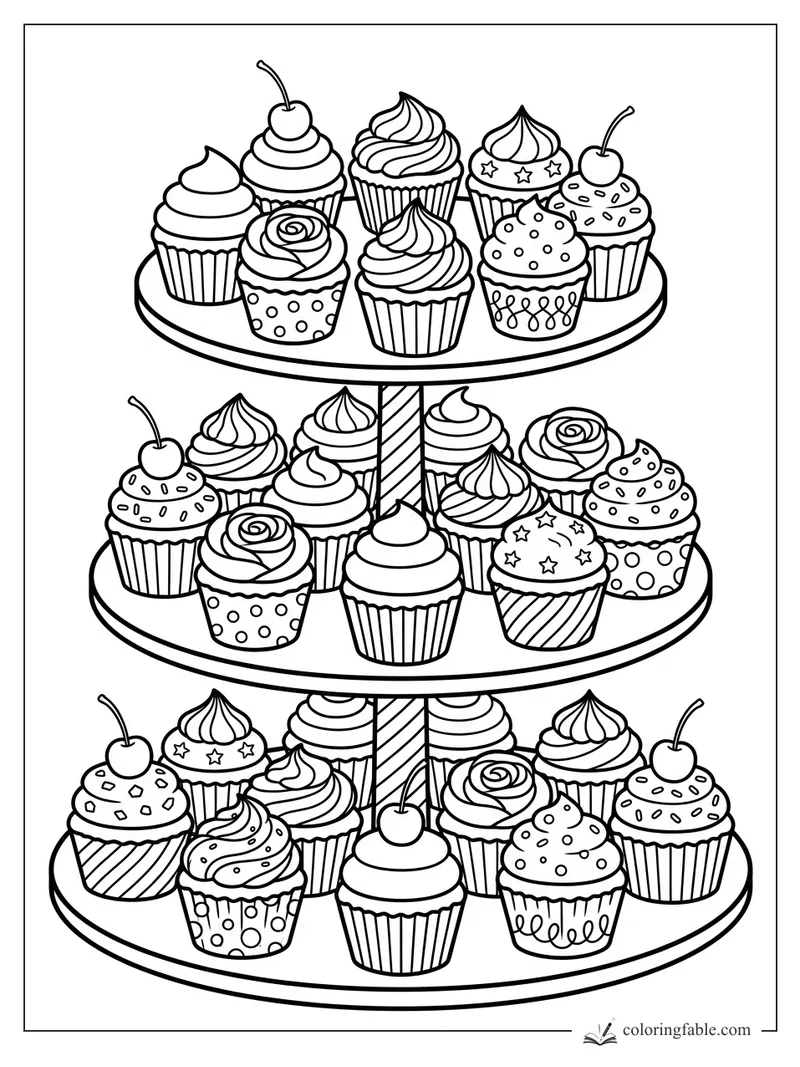 Three-tier cupcake stand filled with swirled frosting, cherries, roses, stars, sprinkles, and patterned wrappers
