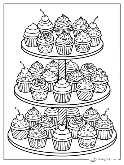 Three-tier cupcake stand filled with swirled frosting, cherries, roses, stars, sprinkles, and patterned wrappers